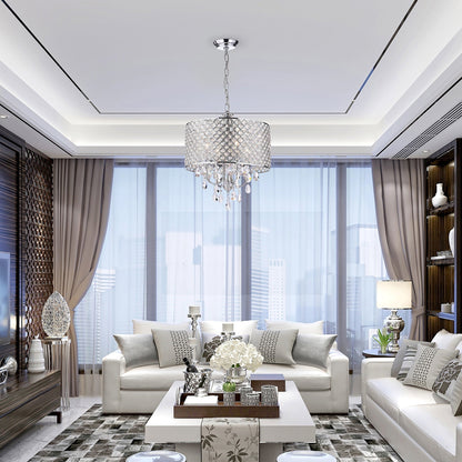 Suspension tambour ronde perlée avec cristaux suspendus