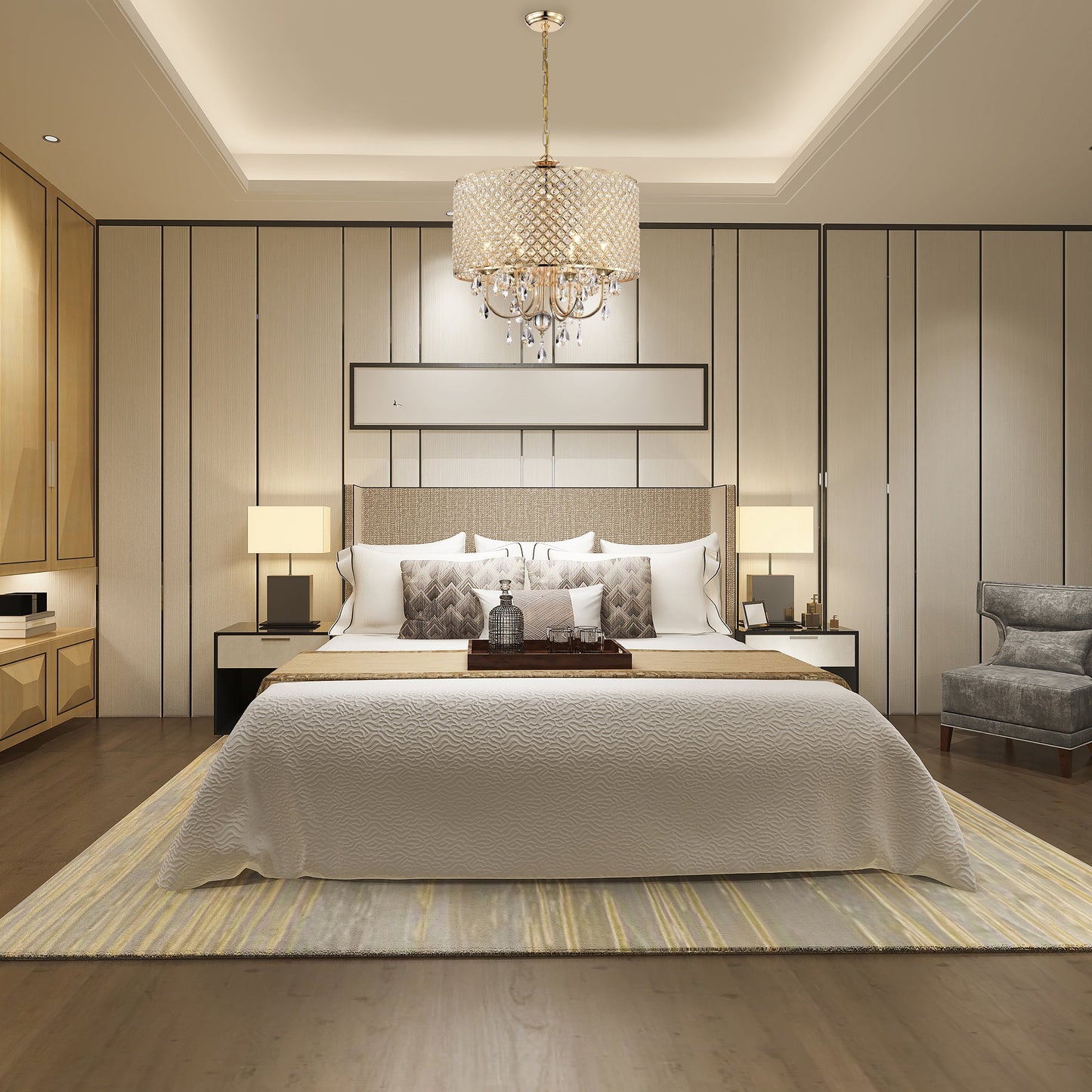 Suspension tambour ronde perlée avec cristaux suspendus