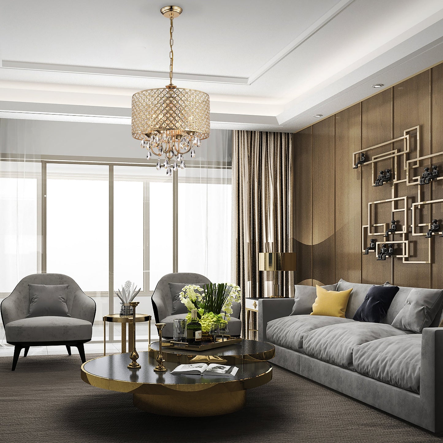 Suspension tambour ronde perlée avec cristaux suspendus