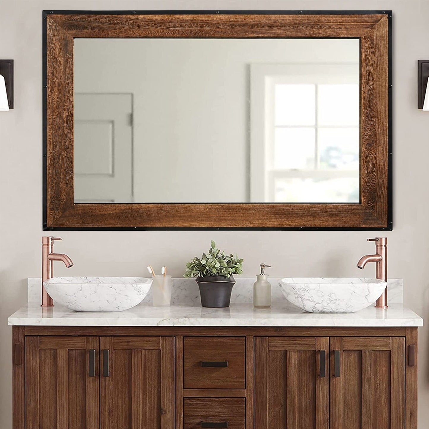 Grand miroir de coiffeuse mural à cadre en bois et fer naturel de style rustique
