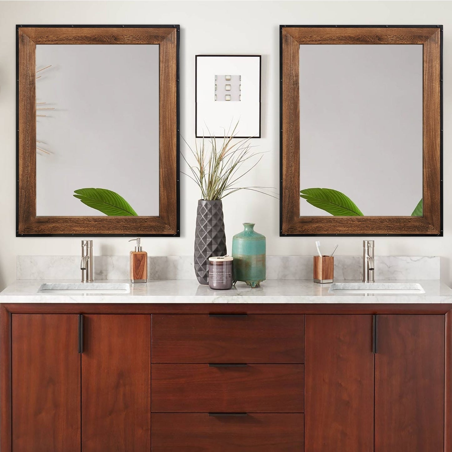 Grand miroir de coiffeuse mural à cadre en bois et fer naturel de style rustique