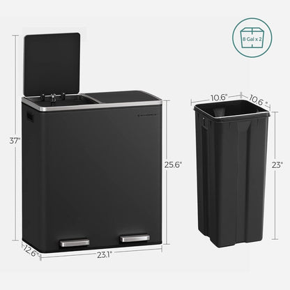SONGMICS Poubelle à double compartiment, bac à ordures en acier inoxydable de 16 gallons, noir