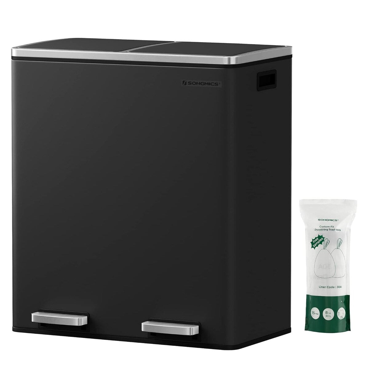 SONGMICS Poubelle à double compartiment, bac à ordures en acier inoxydable de 16 gallons, noir
