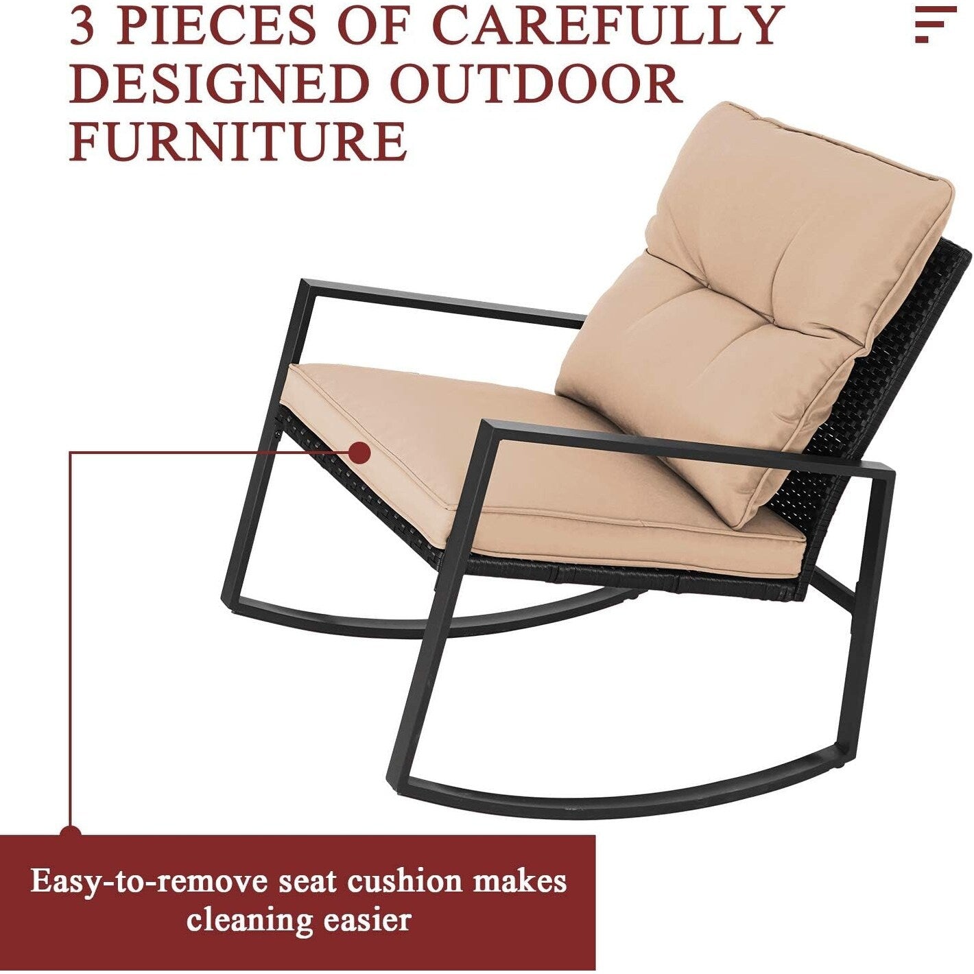 Ensemble de bistro à balançoire de patio extérieur SUNCROWN en métal noir, 3 pièces