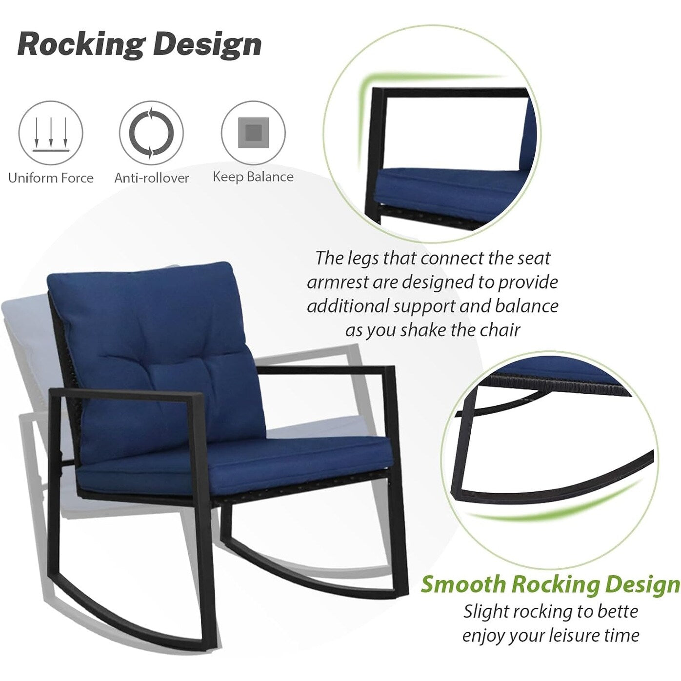 Ensemble de bistro à balançoire de patio extérieur SUNCROWN en métal noir, 3 pièces