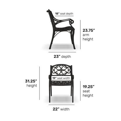 Ensemble de repas d'extérieur Sanibel en aluminium bronze, 7 pièces, comprenant une table ovale de 72 pouces et six chaises à accoudoirs de la marque Homestyles.