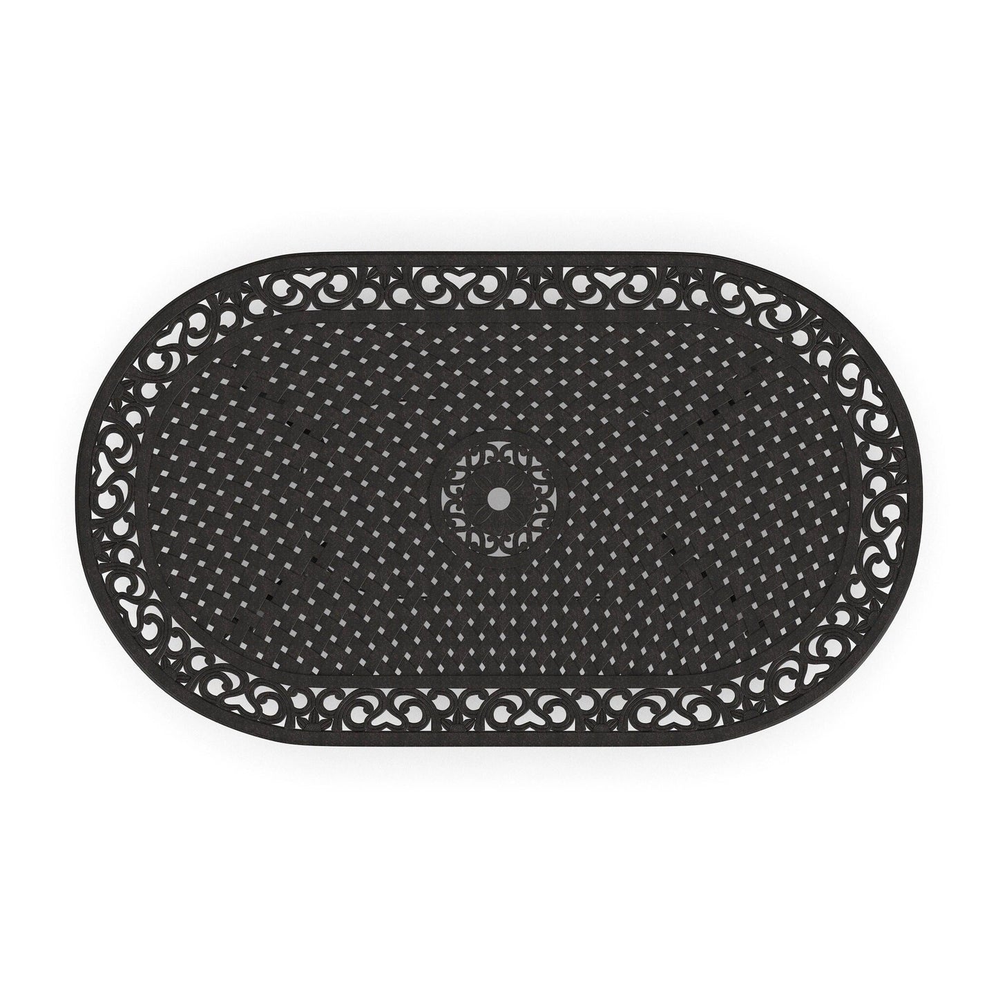 Ensemble de repas d'extérieur Sanibel en aluminium bronze, 7 pièces, comprenant une table ovale de 72 pouces et six chaises à accoudoirs de la marque Homestyles.