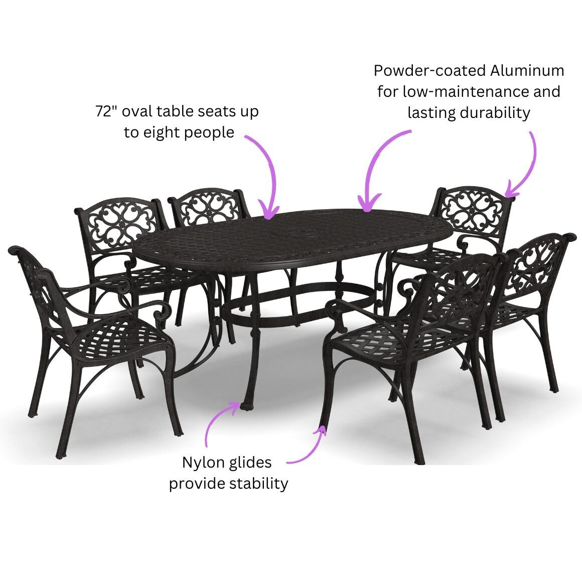 Ensemble de repas d'extérieur Sanibel en aluminium bronze, 7 pièces, comprenant une table ovale de 72 pouces et six chaises à accoudoirs de la marque Homestyles.