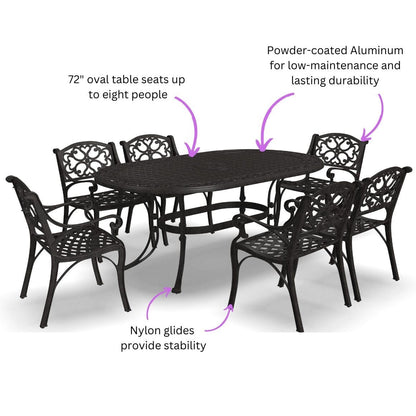 Ensemble de repas d'extérieur Sanibel en aluminium bronze, 7 pièces, comprenant une table ovale de 72 pouces et six chaises à accoudoirs de la marque Homestyles.