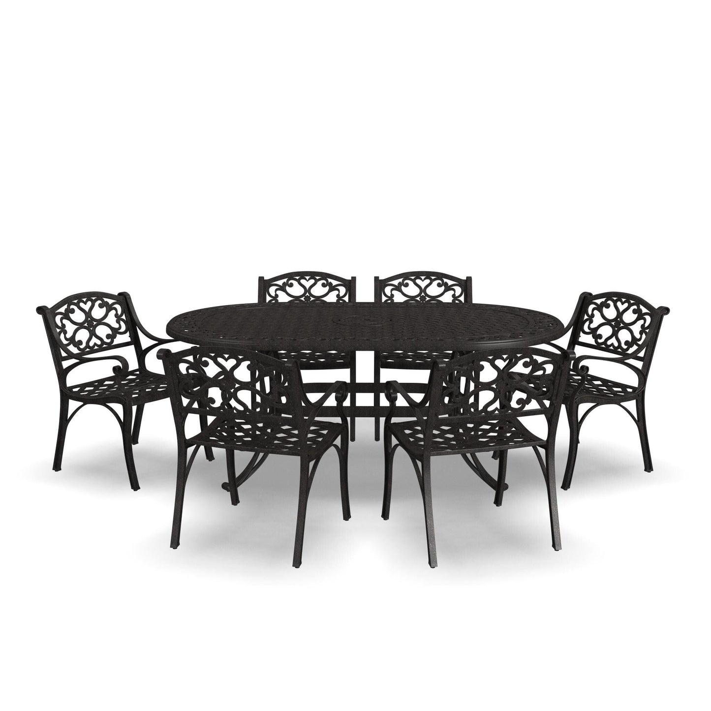 Ensemble de repas d'extérieur Sanibel en aluminium bronze, 7 pièces, comprenant une table ovale de 72 pouces et six chaises à accoudoirs de la marque Homestyles.