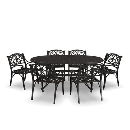 Ensemble de repas d'extérieur Sanibel en aluminium bronze, 7 pièces, comprenant une table ovale de 72 pouces et six chaises à accoudoirs de la marque Homestyles.