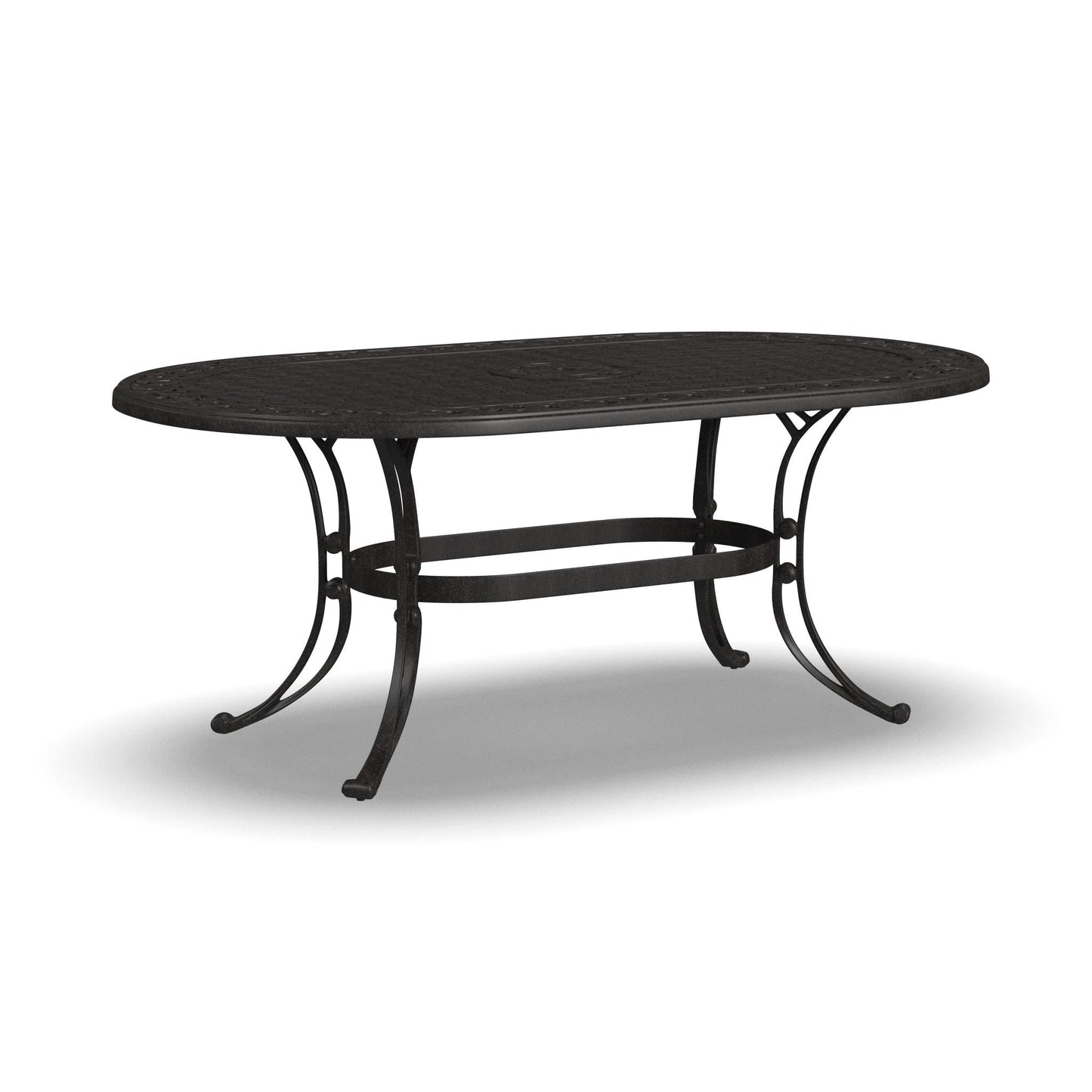 Ensemble de repas d'extérieur Sanibel en aluminium bronze, 7 pièces, comprenant une table ovale de 72 pouces et six chaises à accoudoirs de la marque Homestyles.