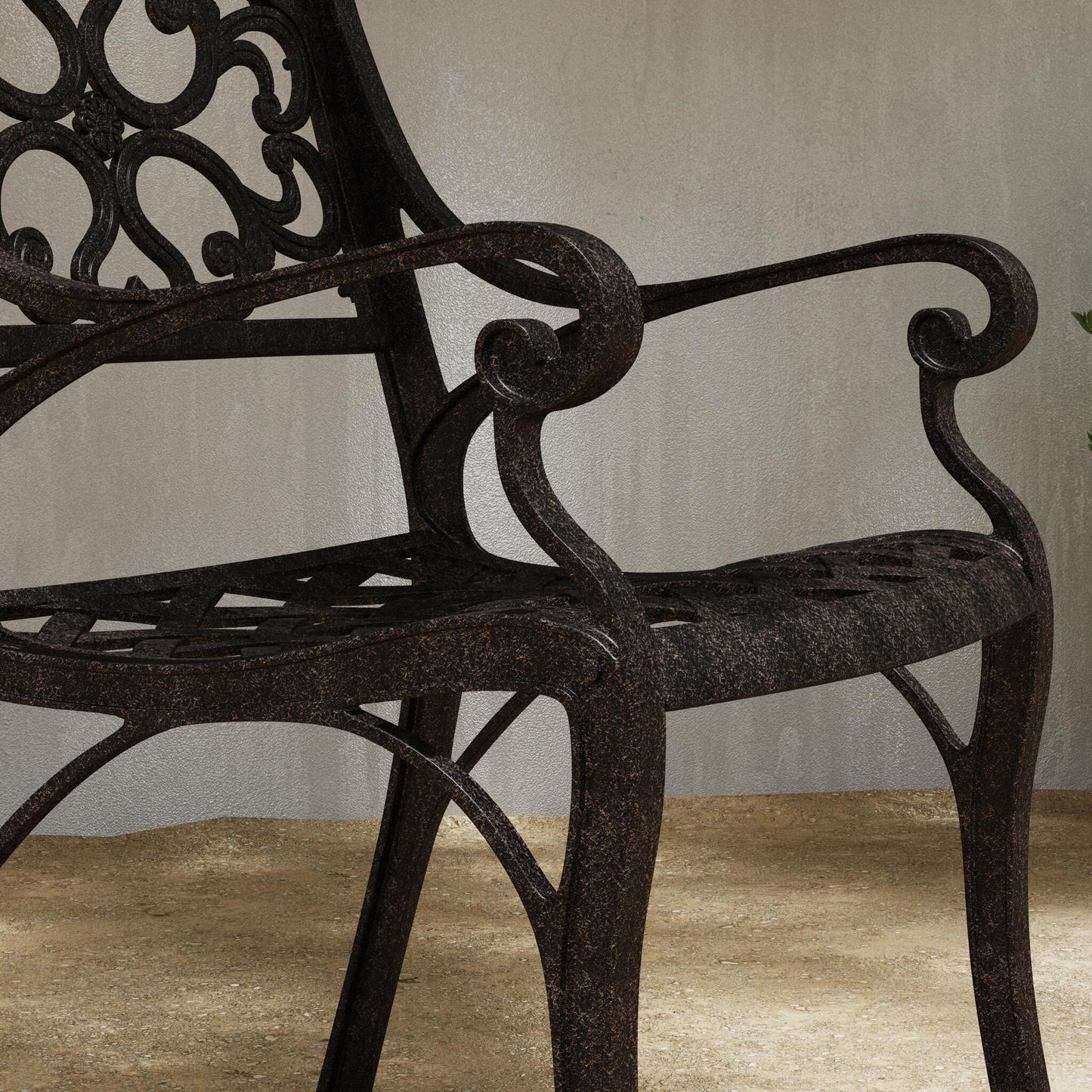 Ensemble de repas d'extérieur Sanibel en aluminium bronze, 7 pièces, comprenant une table ovale de 72 pouces et six chaises à accoudoirs de la marque Homestyles.