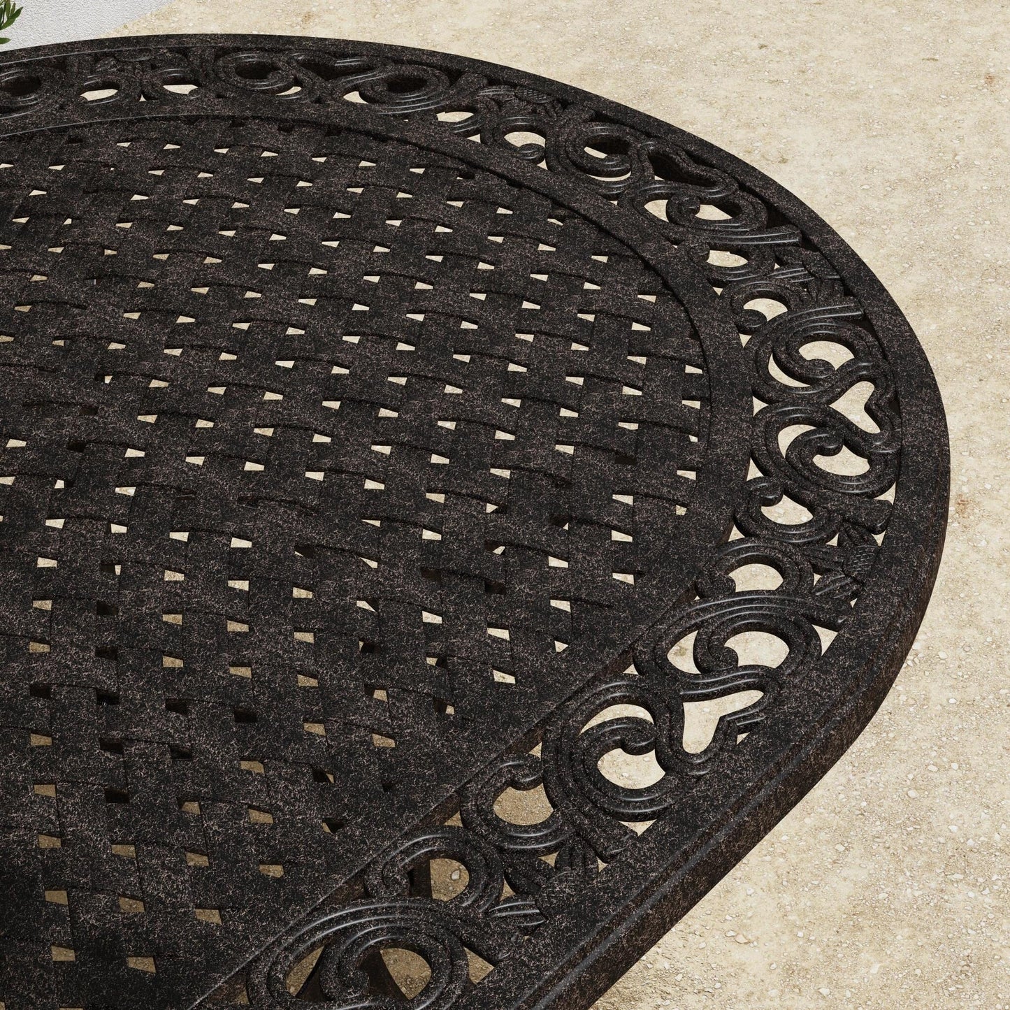 Ensemble de repas d'extérieur Sanibel en aluminium bronze, 7 pièces, comprenant une table ovale de 72 pouces et six chaises à accoudoirs de la marque Homestyles.