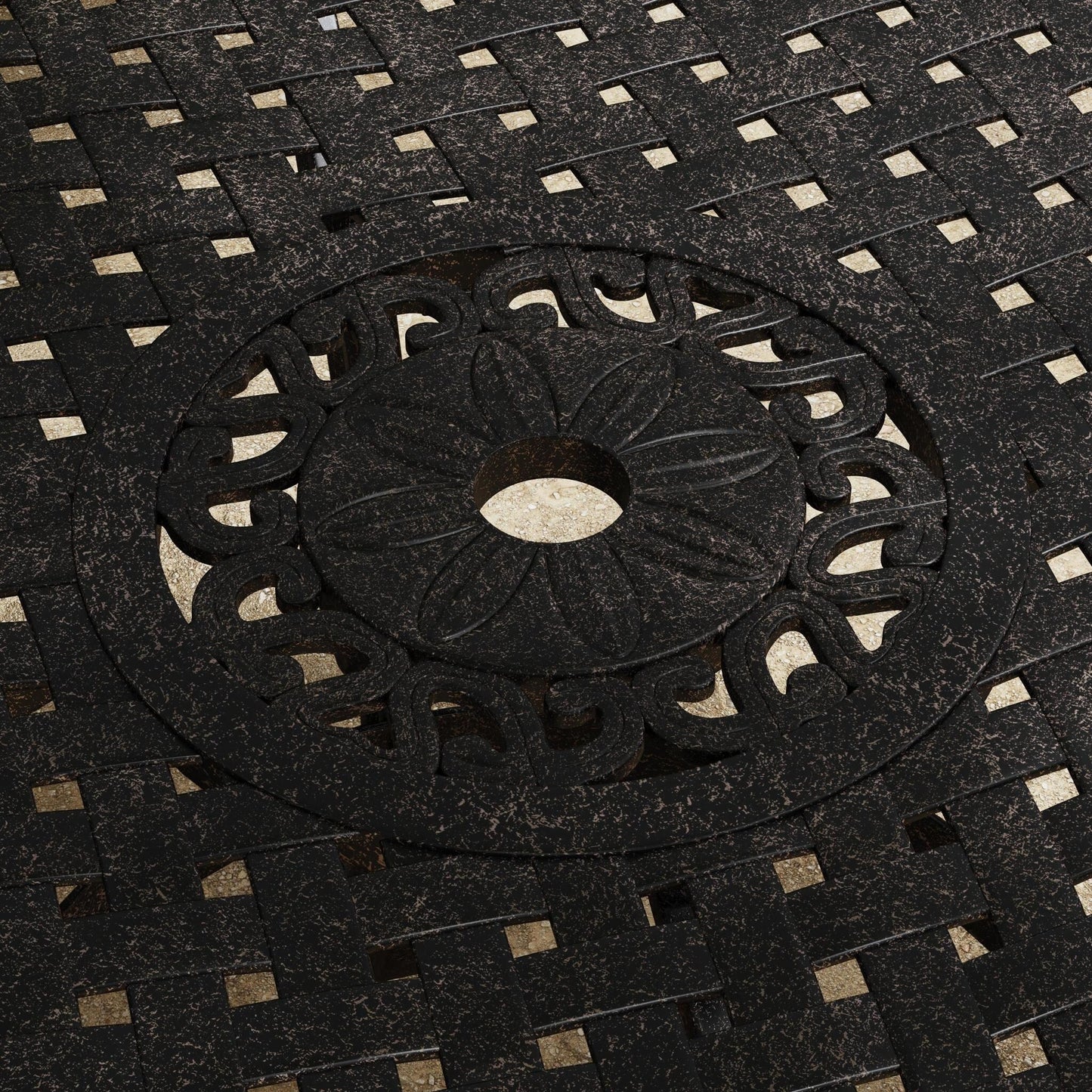 Ensemble de repas d'extérieur Sanibel en aluminium bronze, 7 pièces, comprenant une table ovale de 72 pouces et six chaises à accoudoirs de la marque Homestyles.