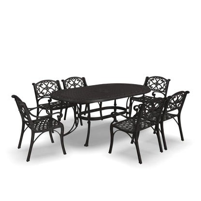 Ensemble de repas d'extérieur Sanibel en aluminium bronze, 7 pièces, comprenant une table ovale de 72 pouces et six chaises à accoudoirs de la marque Homestyles.