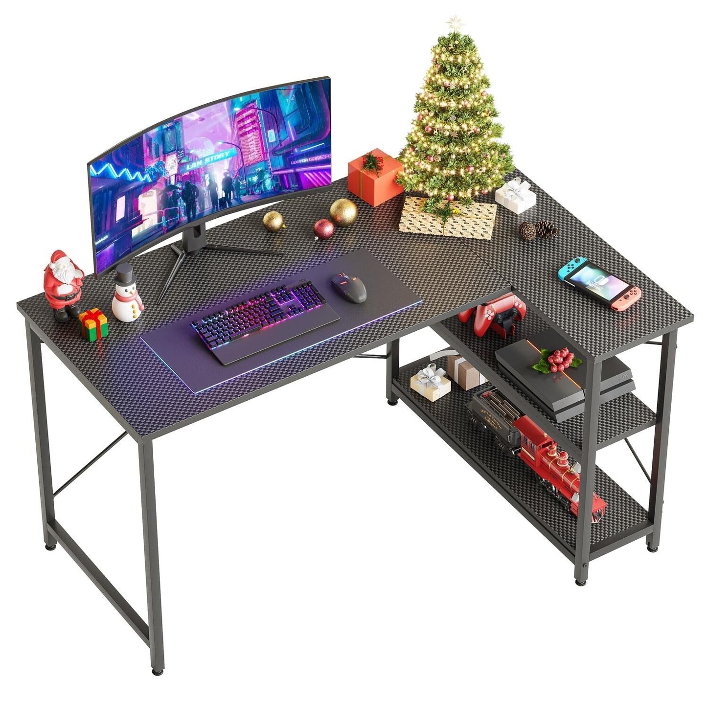 Bureau en forme de L avec étagères de rangement, bureau d'ordinateur d'angle.