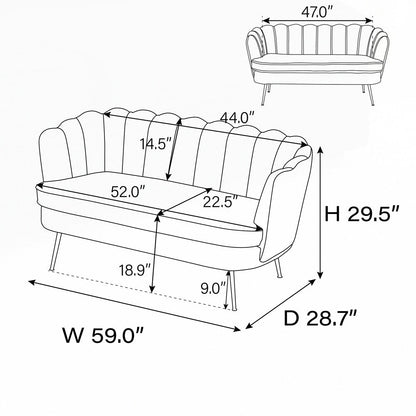 Petit canapé de salon, canapé deux places avec pieds en métal doré - 2 places