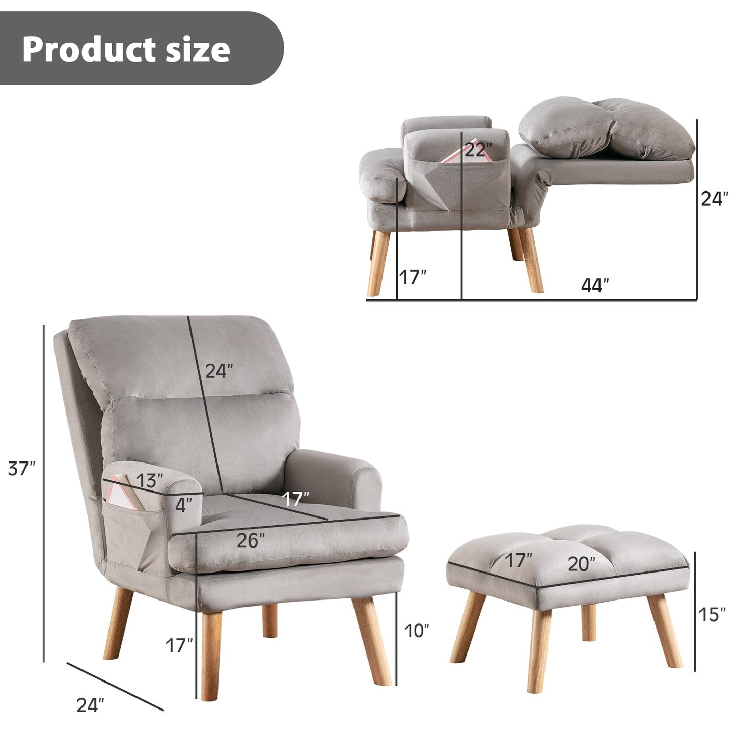 Fauteuil de salon confortable en tissu avec dossier et repose-pieds réglables