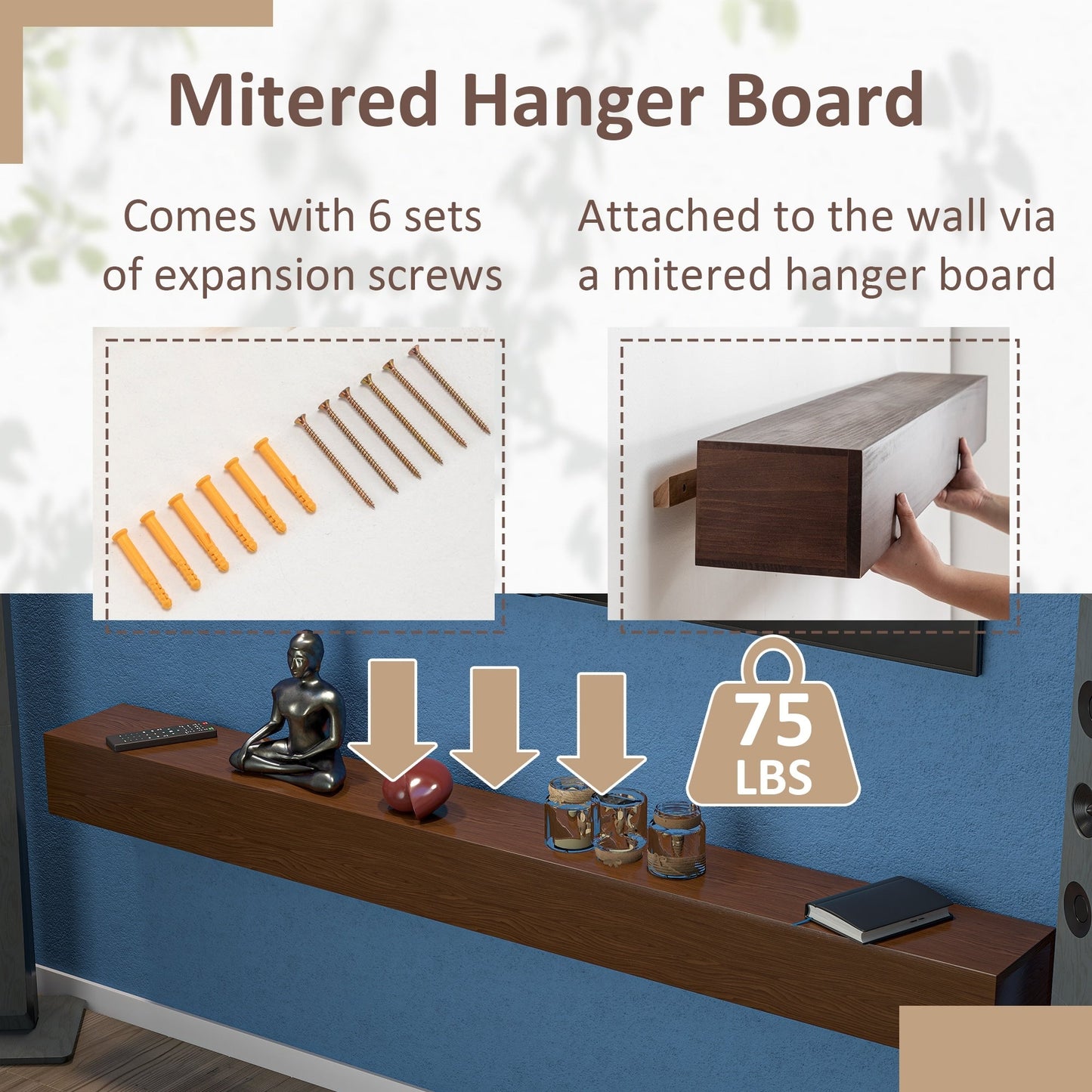 Étagère murale flottante pour cheminée en pin massif