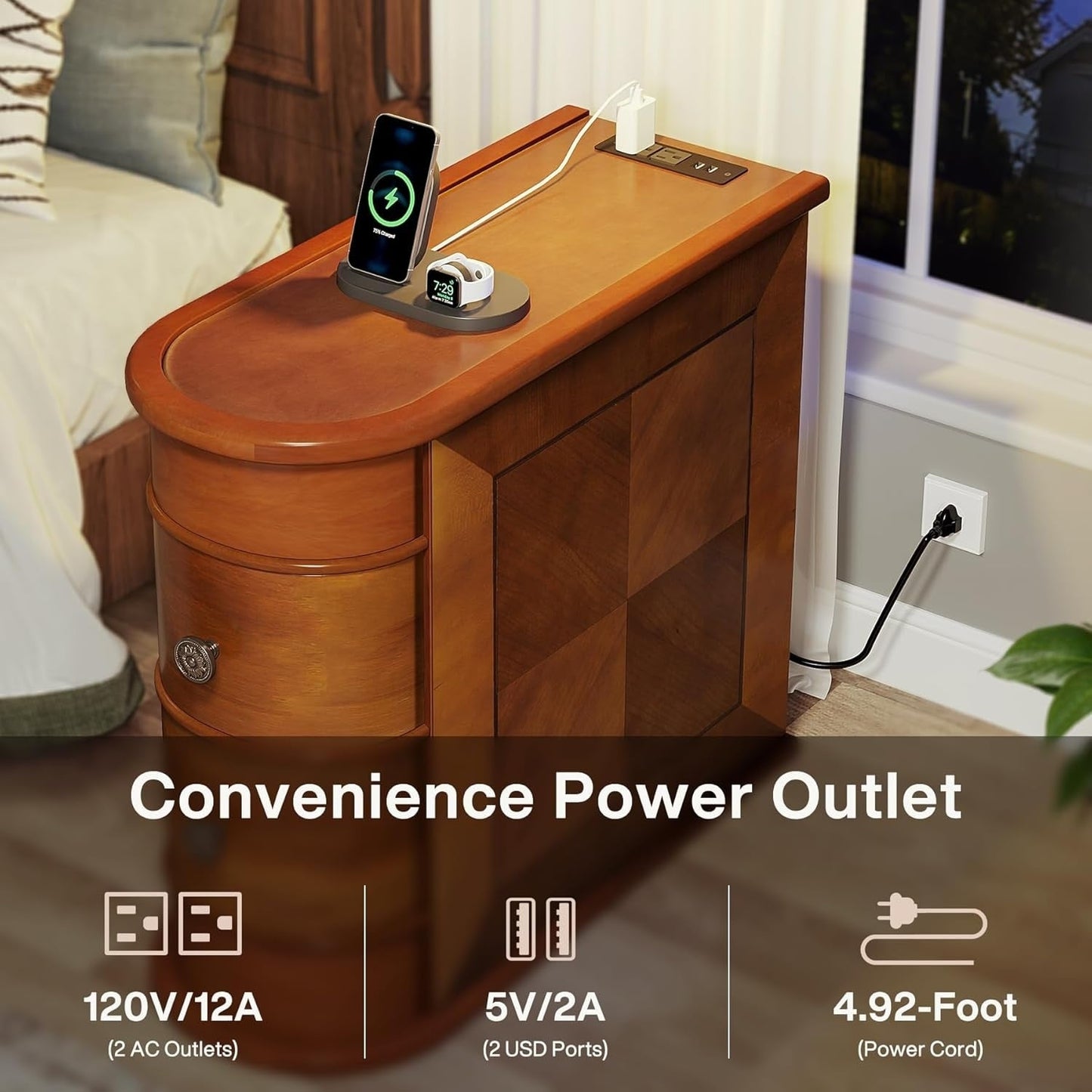 Table d'appoint en bois massif, table de chevet étroite à deux tiroirs, modèle Slim