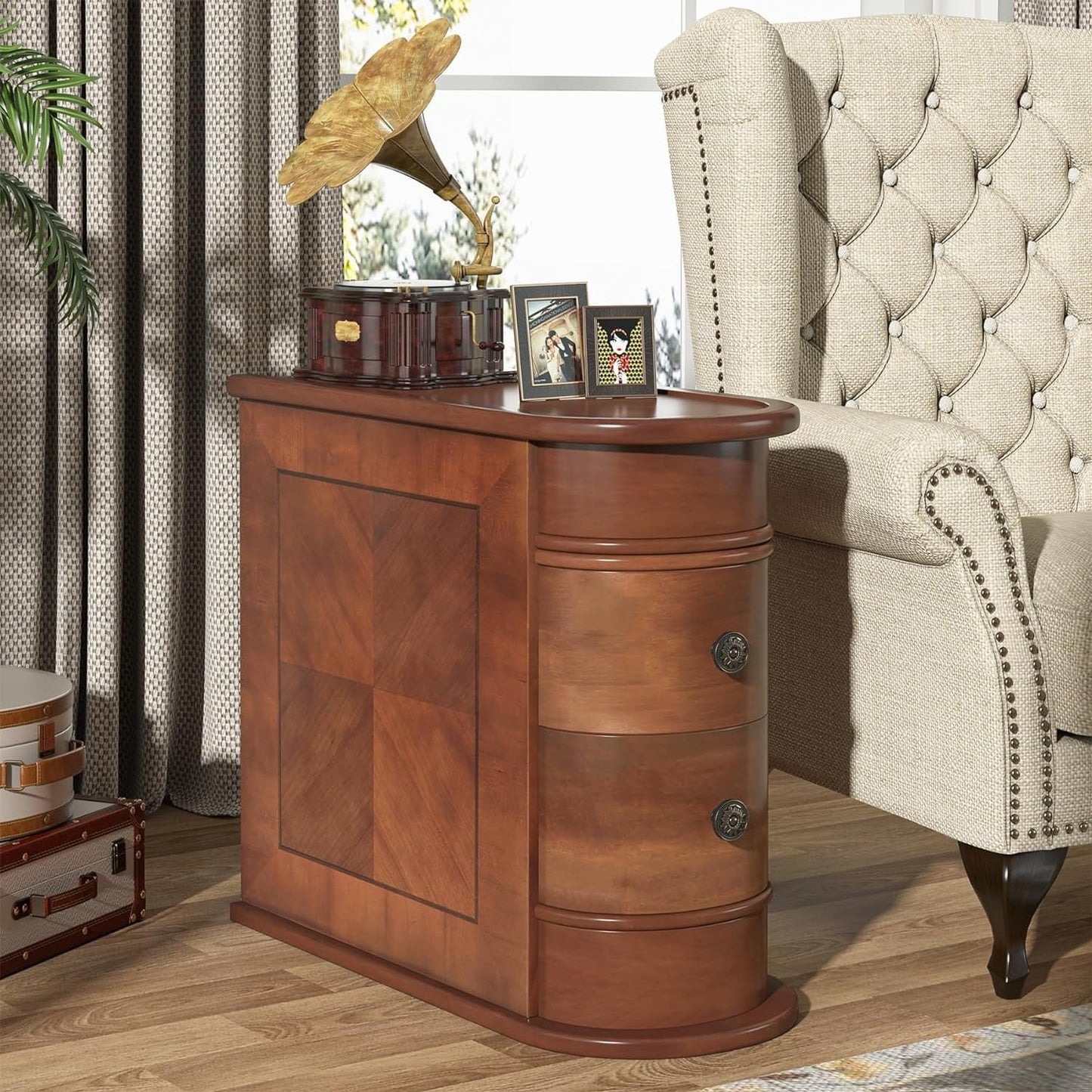 Table d'appoint en bois massif, table de chevet étroite à deux tiroirs, modèle Slim