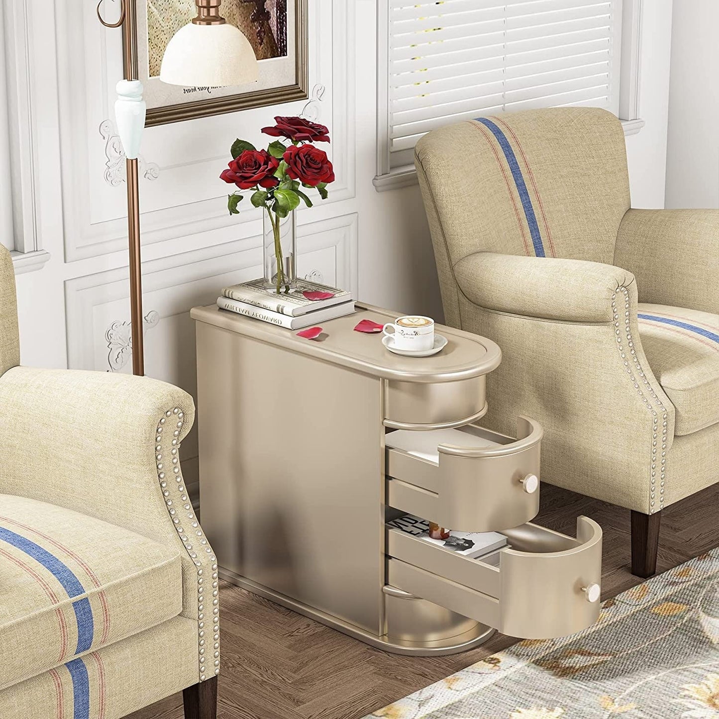 Table d'appoint en bois massif, table de chevet étroite à deux tiroirs, modèle Slim