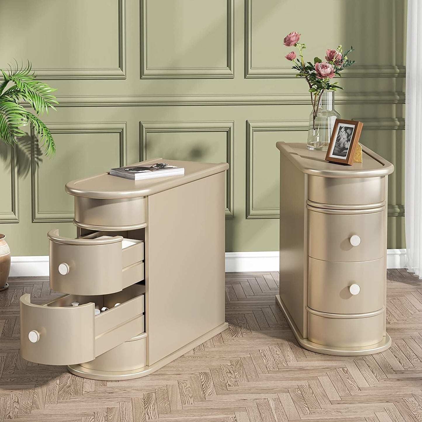 Table d'appoint en bois massif, table de chevet étroite à deux tiroirs, modèle Slim