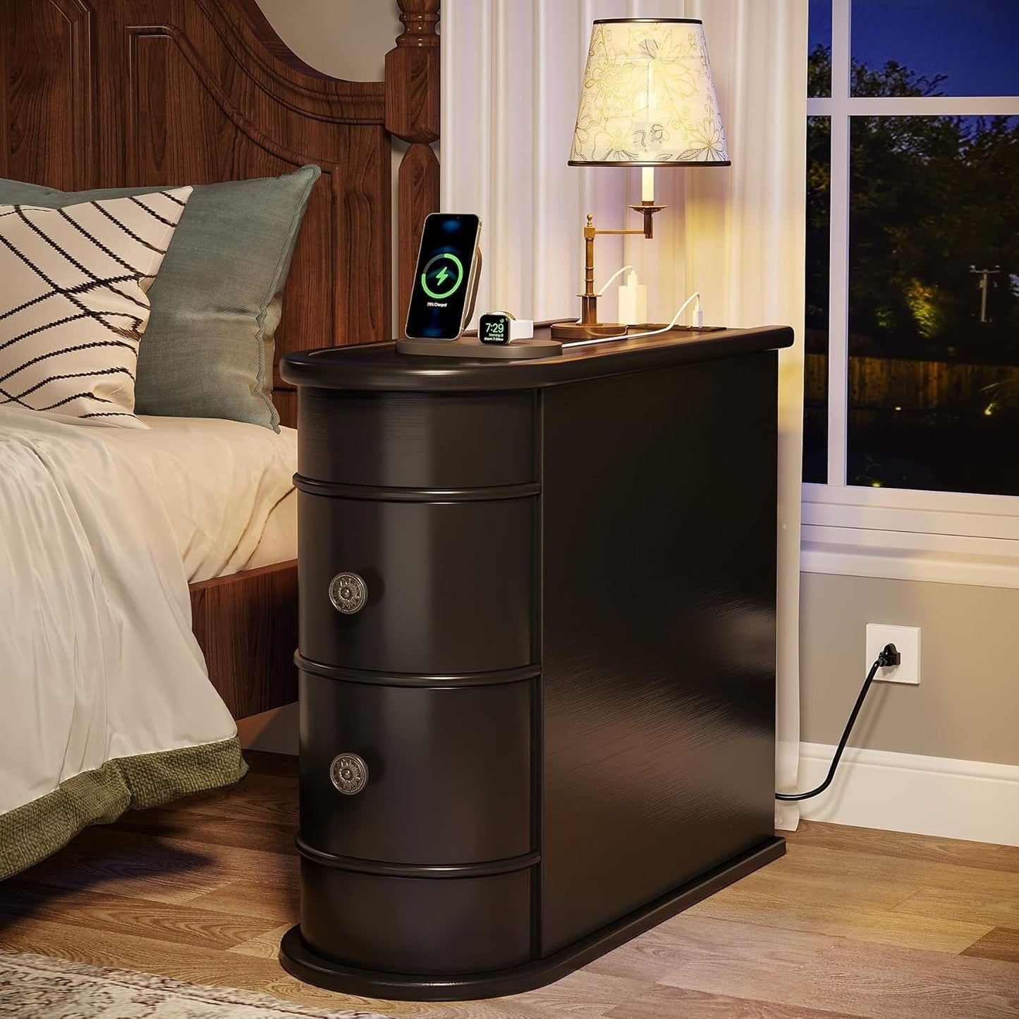 Table d'appoint en bois massif, table de chevet étroite à deux tiroirs, modèle Slim