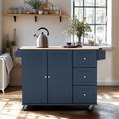 Chariot d'îlot de cuisine Sophia &amp; William avec plateau rabattable et plateau en bois de caoutchouc, chariot de cuisine roulant avec grand placard de rangement