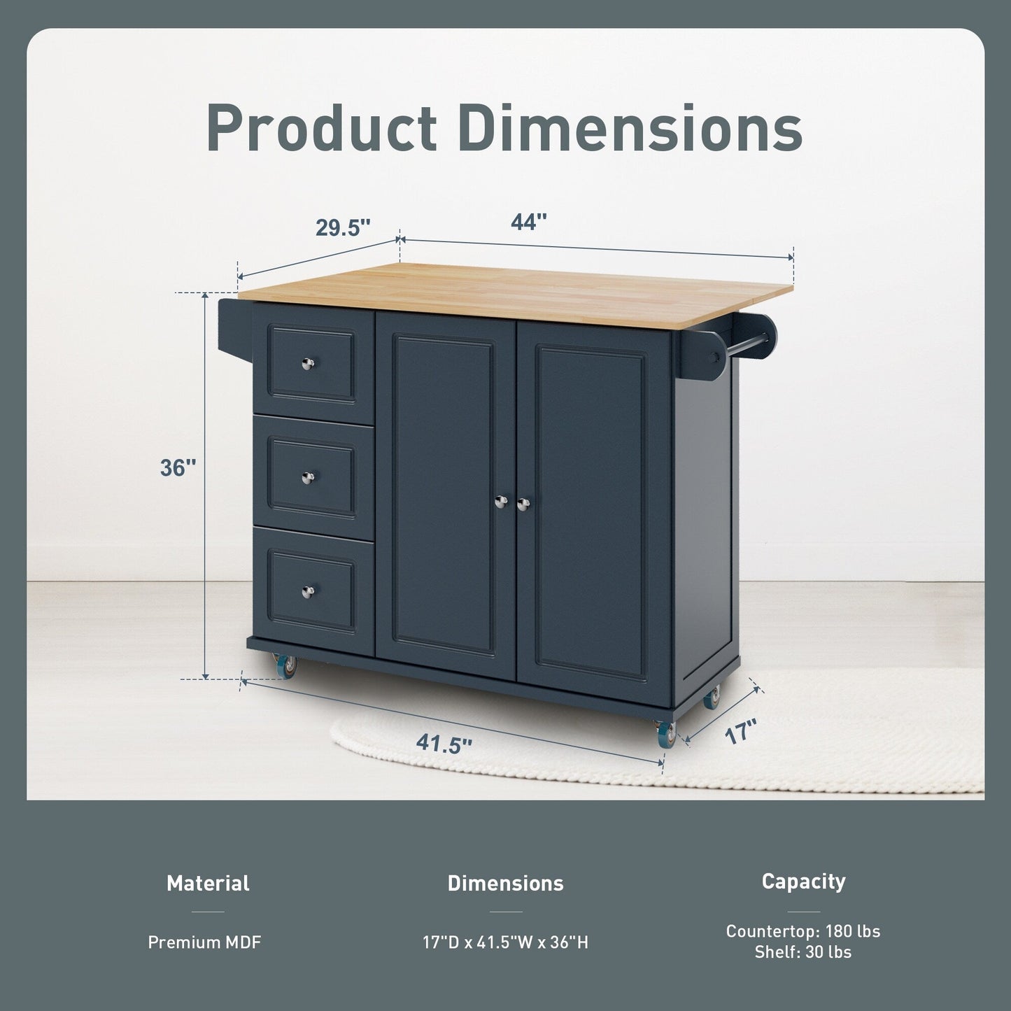 Chariot d'îlot de cuisine Sophia &amp; William avec plateau rabattable et plateau en bois de caoutchouc, chariot de cuisine roulant avec grand placard de rangement