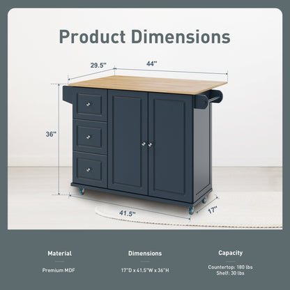 Chariot d'îlot de cuisine Sophia &amp; William avec plateau rabattable et plateau en bois de caoutchouc, chariot de cuisine roulant avec grand placard de rangement