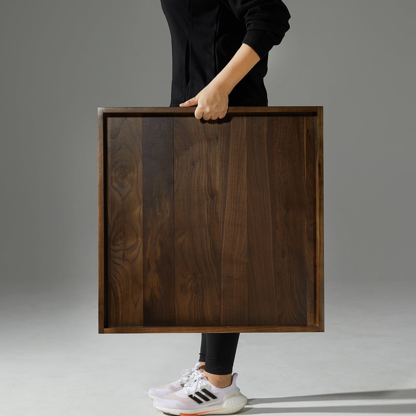 KINWELL Square Black Walnut Wood Serving Tray Ottoman Tray with Handles