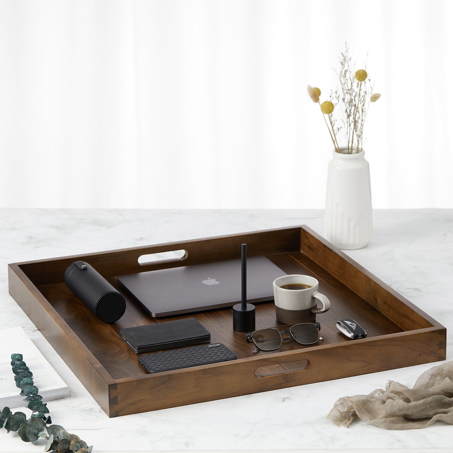 KINWELL Square Black Walnut Wood Serving Tray Ottoman Tray with Handles