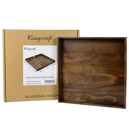 KINWELL Square Black Walnut Wood Serving Tray Ottoman Tray with Handles