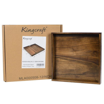 KINWELL Square Black Walnut Wood Serving Tray Ottoman Tray with Handles