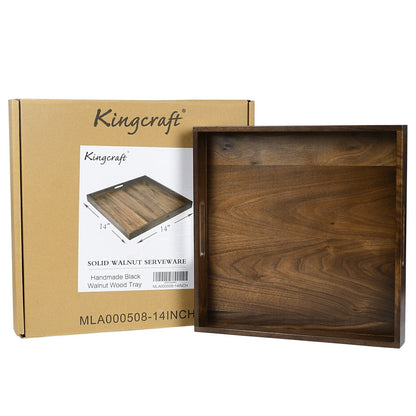 KINWELL Square Black Walnut Wood Serving Tray Ottoman Tray with Handles