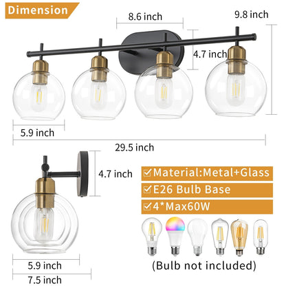 Starsky 4-Lights Modern Dimmable Bathroom Vanity Light with Globe Glass Shade
