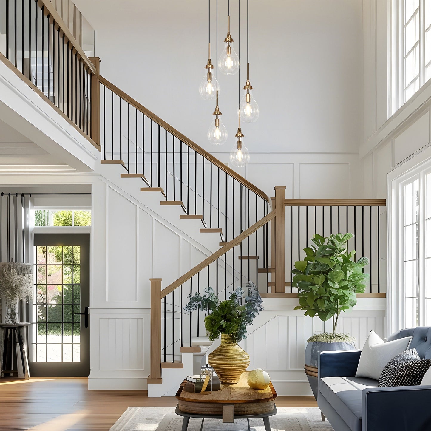 Synia Lustre moderne à 5 lumières en forme de goutte d'eau, pour escalier, entrée, suspension pour plafond haut - D15'' x H18.2-74.2''