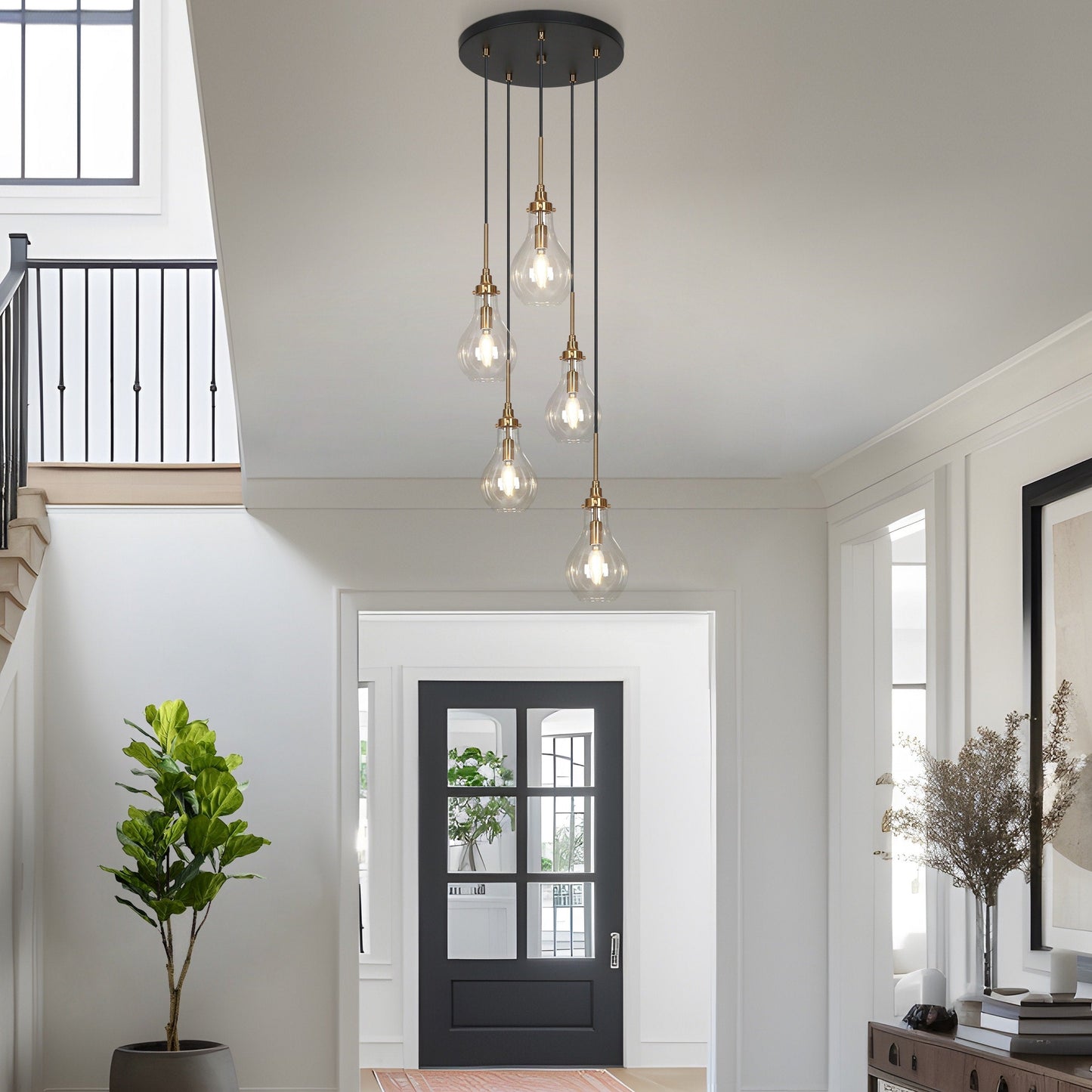 Synia Lustre moderne à 5 lumières en forme de goutte d'eau, pour escalier, entrée, suspension pour plafond haut - D15'' x H18.2-74.2''