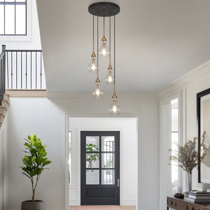 Synia Lustre moderne à 5 lumières en forme de goutte d'eau, pour escalier, entrée, suspension pour plafond haut - D15'' x H18.2-74.2''