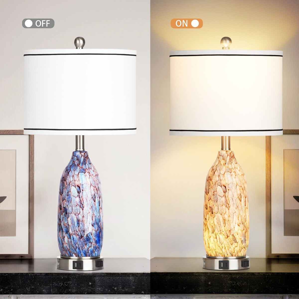 Lampe de table avec veilleuse 2 en 1, corps en verre indigo, ports de charge, prise secteur, abat-jour tambour, interrupteur tactile avec gradation (lot de 2)