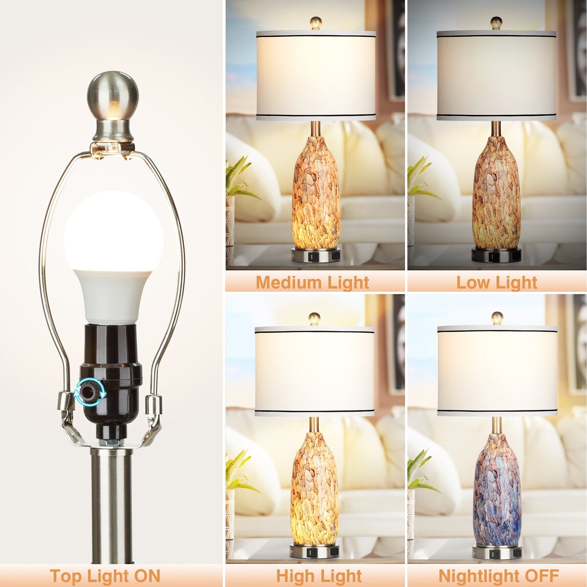 Lampe de table avec veilleuse 2 en 1, corps en verre indigo, ports de charge, prise secteur, abat-jour tambour, interrupteur tactile avec gradation (lot de 2)