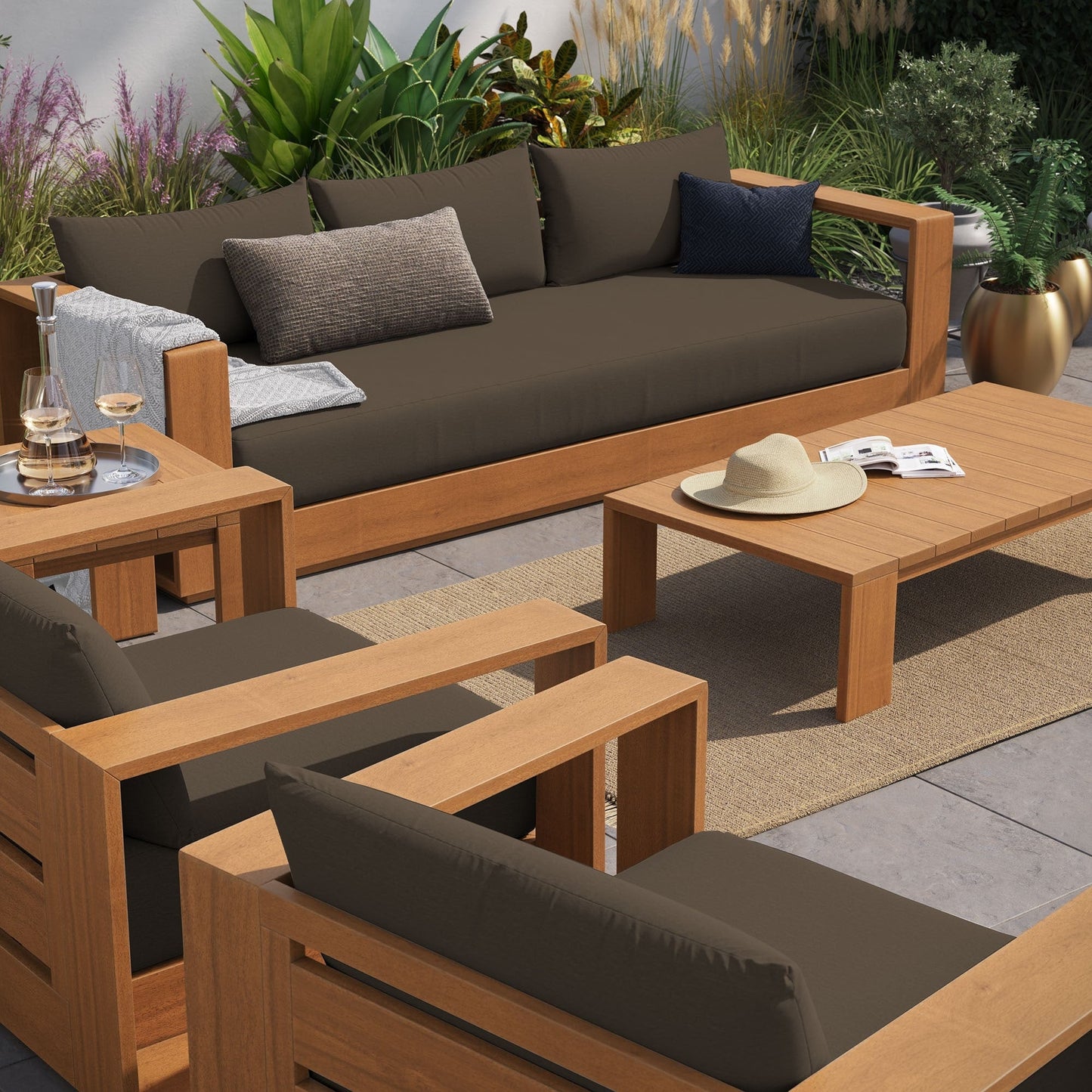Ensemble de meubles de jardin en acacia Tahoe pour terrasse, 5 pièces