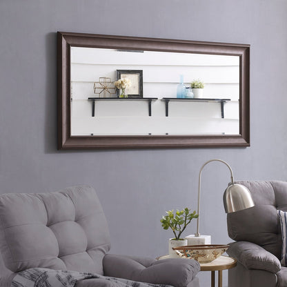 Grand miroir, miroir pleine taille, miroir rectangulaire mural suspendu, avec cadre en faux bois lisse.