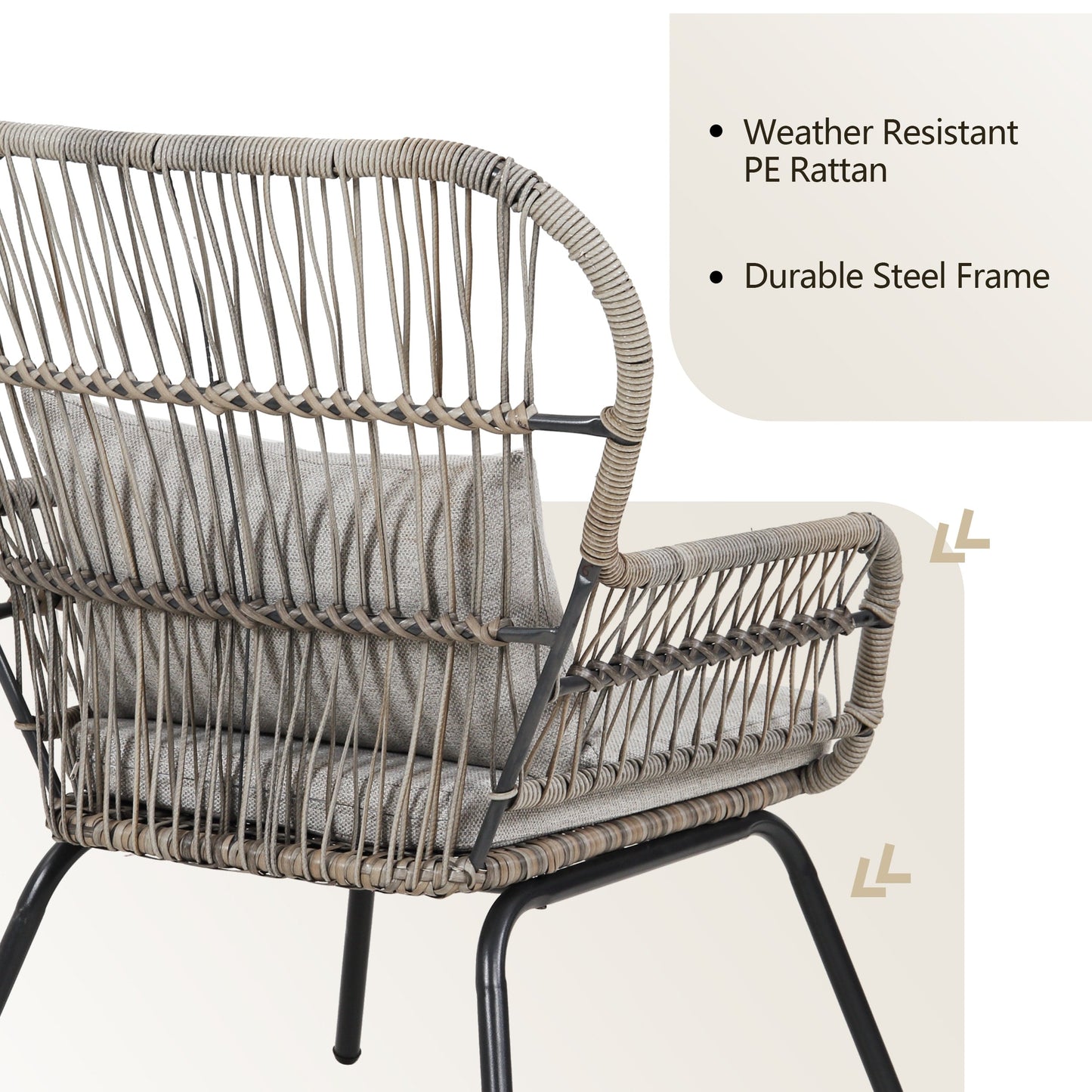 Ensemble de bistro en osier tressé pour extérieur, 3 pièces, ensemble de chaises de patio en rotin résistant aux intempéries avec coussins.