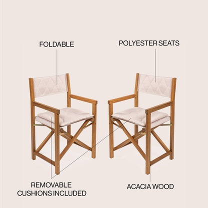 Chaise de réalisateur pliable en bois d'acacia pour extérieur, dossier en losanges matelassés, style milieu de siècle, avec coussin, modèle Theo Classic, par JONATHAN Y (lot de 2)
