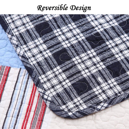 Thomas Firetruck Blue Red Plaid Patchwork Queen Quilt Bedding Set