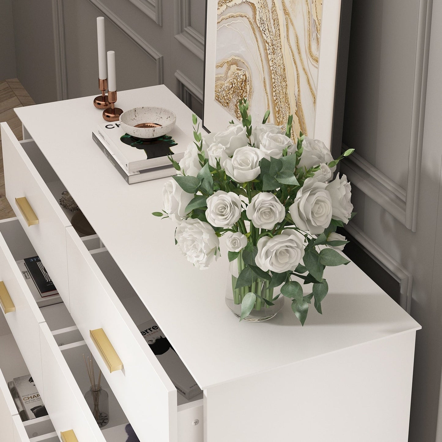 Commode double Timechee à 6 tiroirs, 120 cm de large, pieds en bois massif, laquée.