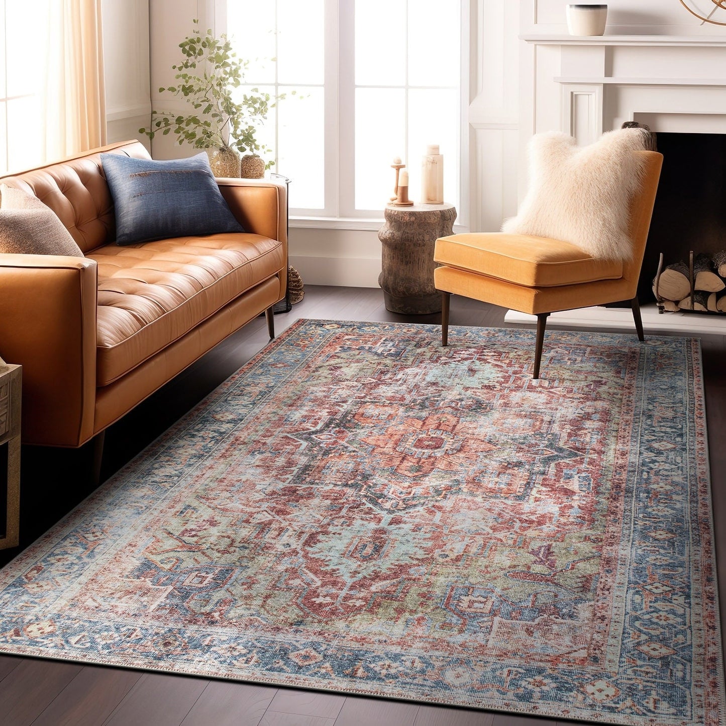 Traditional Distressed Machine Washable Area Rug